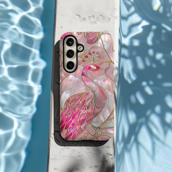 Peacock Stained Glass Design Samsung Galaxy S25 Phone Case - Hot Pink - Picture 1 of 2